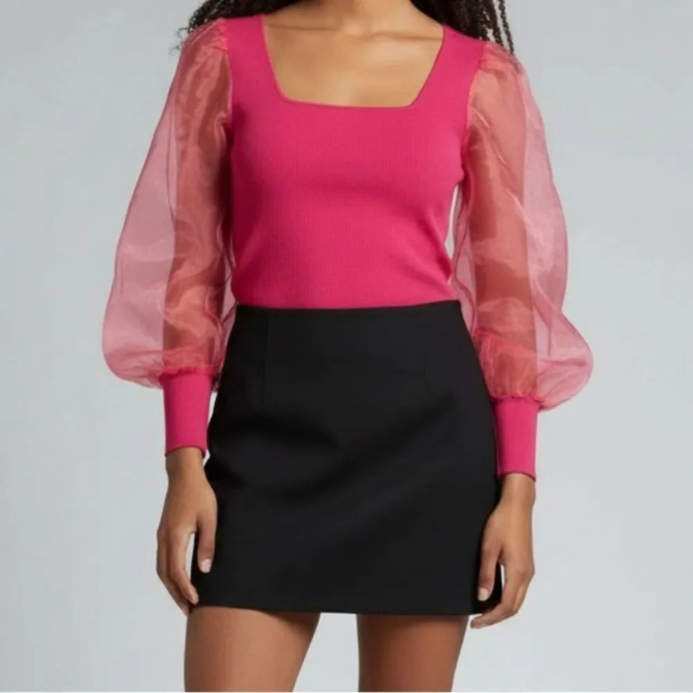 House of Harlow 1960 Hot Pink Sheer Puff Long Sleeve Top Cropped Knit Square M